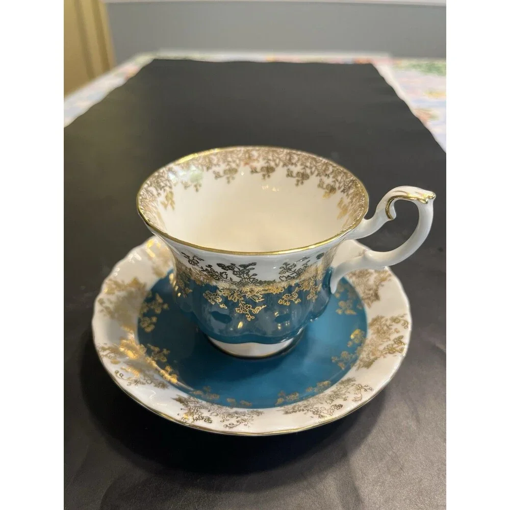 Royal Albert Regal Series Teal Blue w Gold Accents Tea Cup & Saucer Set England